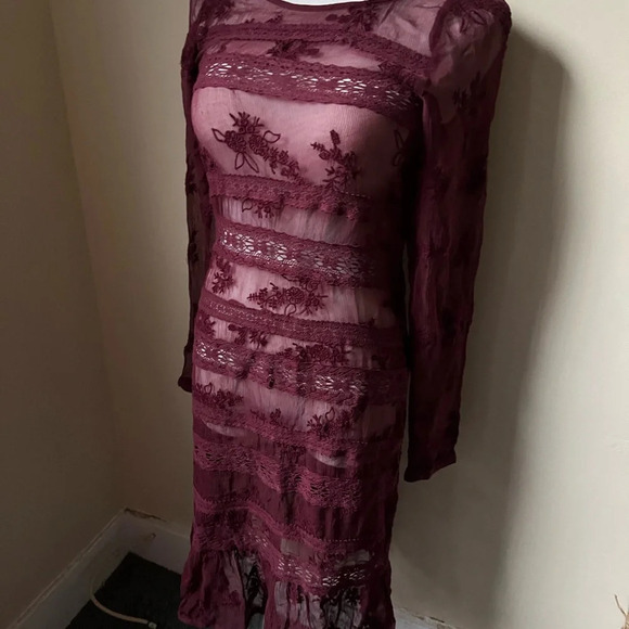 NWT Sundance Sheer Lace Dress 4 Burgundy Midi Embroidered Fairy Boho Party - Picture 2 of 8